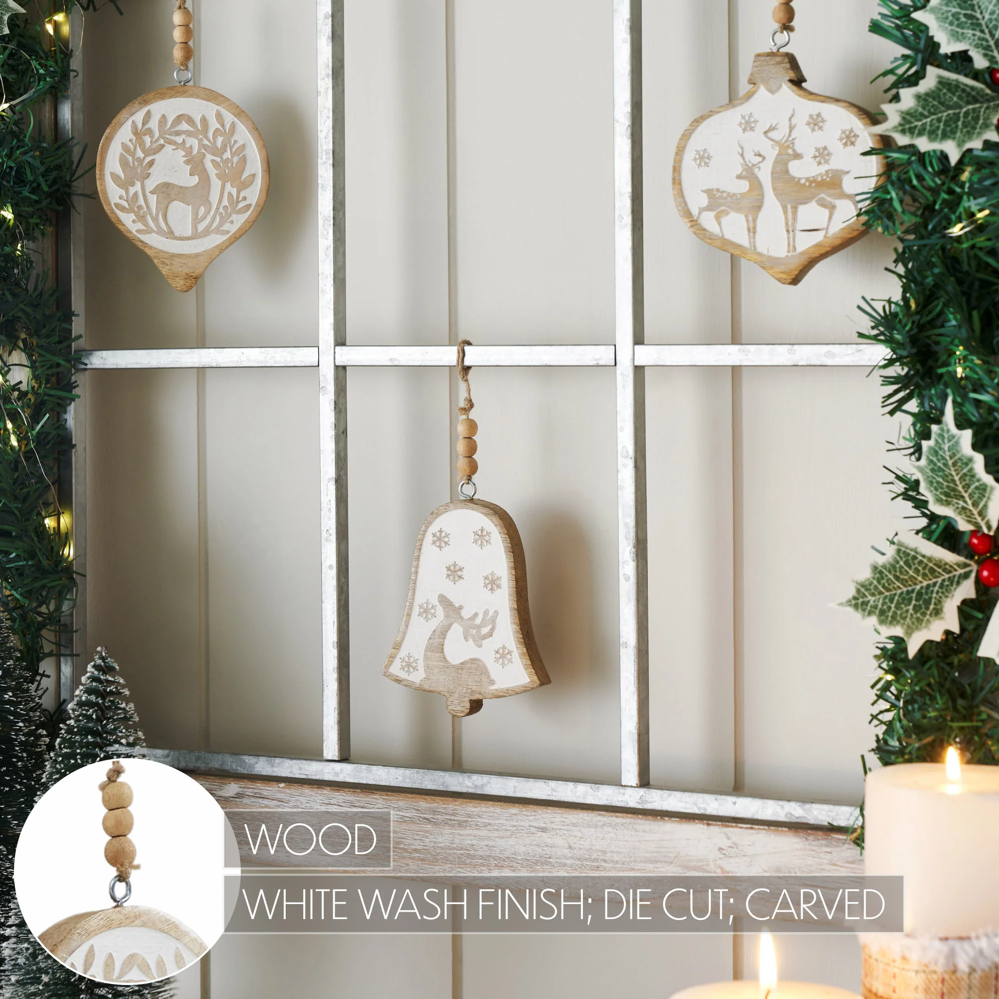 Set of 3 White Washed Winter Forest Natural Wooden Ornaments - Image 4