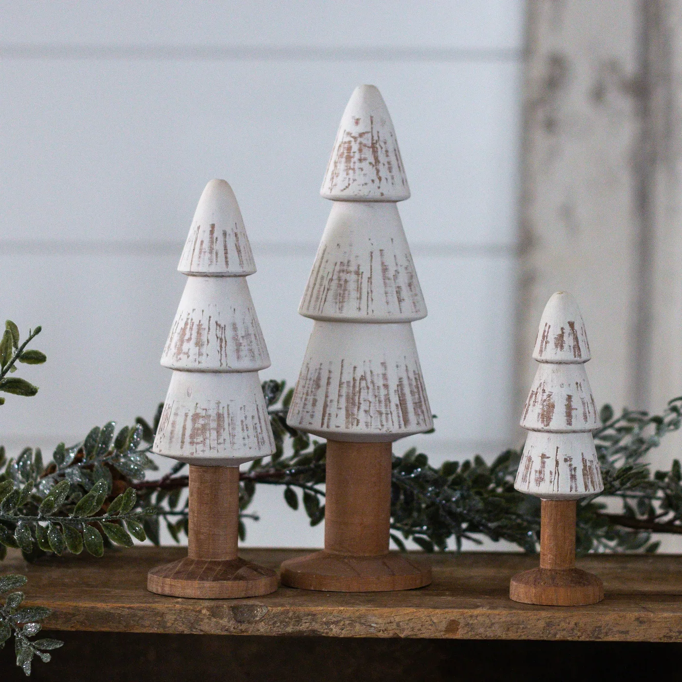 Set of 3 White Washed Wooden Tabletop Trees