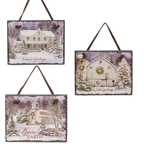 Set of 3 Winter Greetings Hanging Slate Signs
