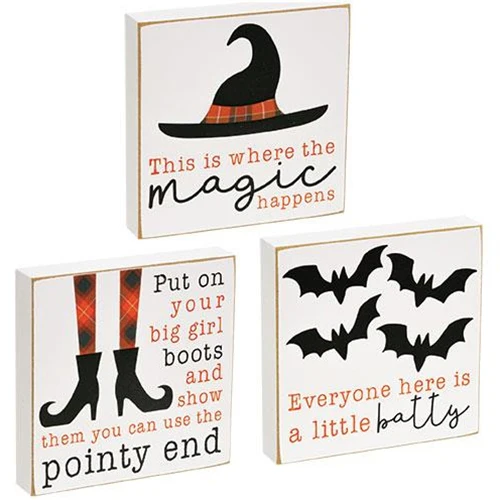 Set of 3 Witch and Bats Halloween Small Block Signs - Image 2