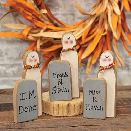 Set of 3 Wooden Ghost with Sayings Grave Stone Sitters 7.5" H