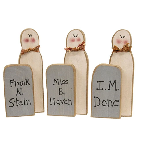 Set of 3 Wooden Ghost with Sayings Grave Stone Sitters 7.5" H - Image 2