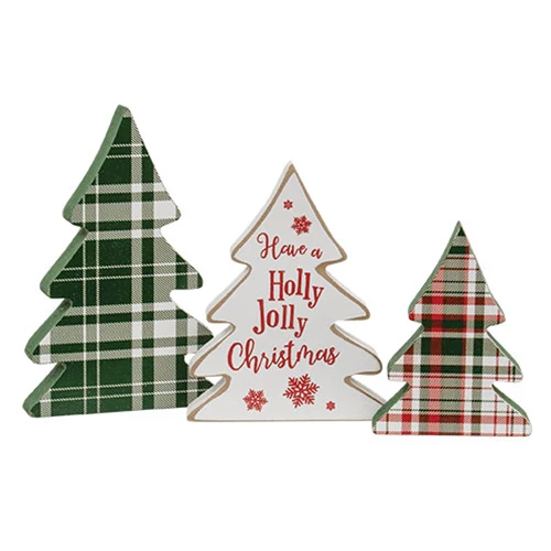 ๐ Set of 3 Wooden Holly Jolly Plaid Christmas Trees