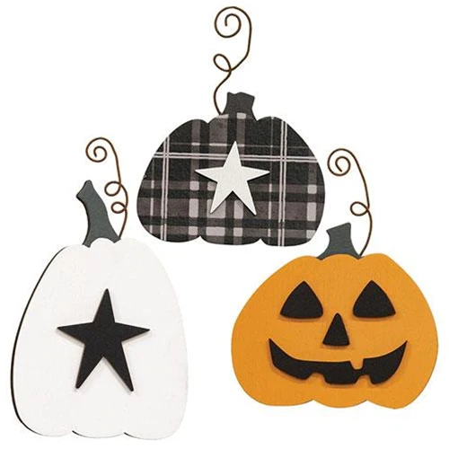 💙 Set of 3 Wooden Pumpkin Ornaments with Curly Wire Hanger