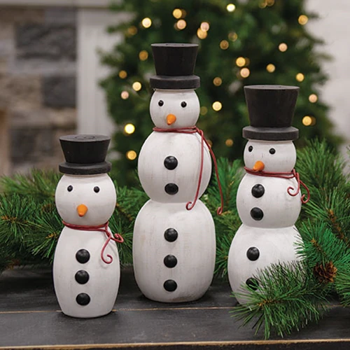 Set of 3 Wooden Spindle Snowmen with Top Hats