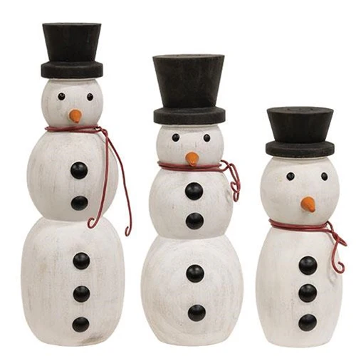 Set of 3 Wooden Spindle Snowmen with Top Hats - Image 2