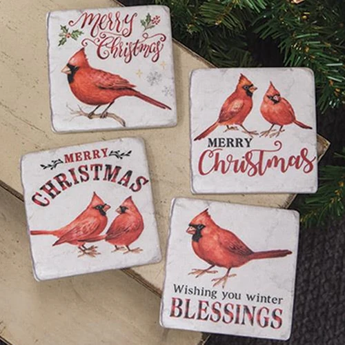 ๐ Set of 4 Christmas Cardinals Resin Drink Coasters