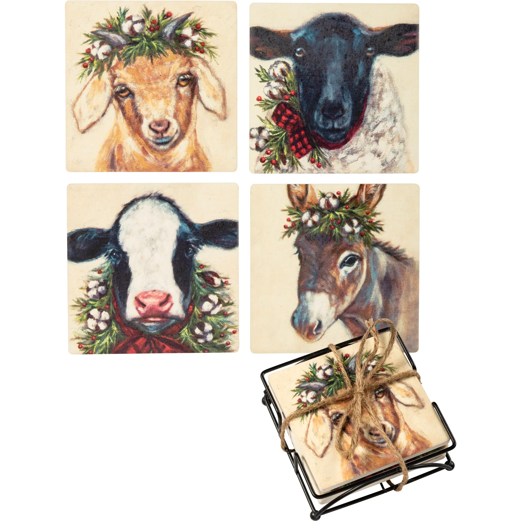 ๐ Set of 4 Christmas Farm Animals Family Coasters