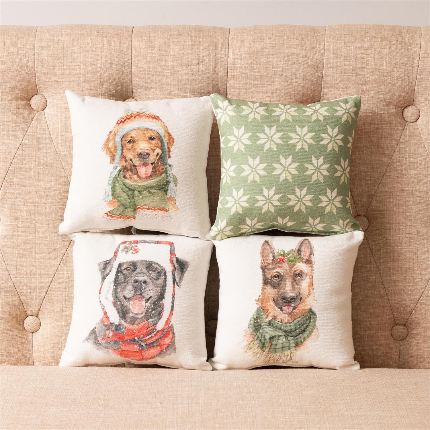 Set of 4 Cozy Dogs 8" Small Christmas Accent Pillows - Image 2