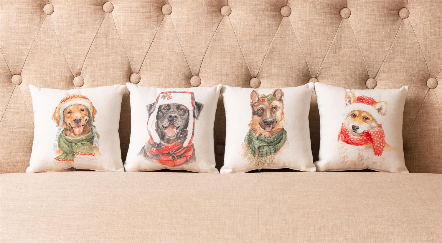 Set of 4 Cozy Dogs 8" Small Christmas Accent Pillows - Image 3
