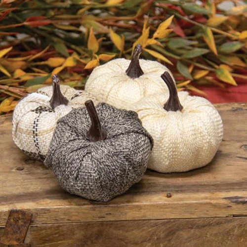 ๐ Set of 4 Cream & Gray Burlap 2.25" Decorative Pumpkins