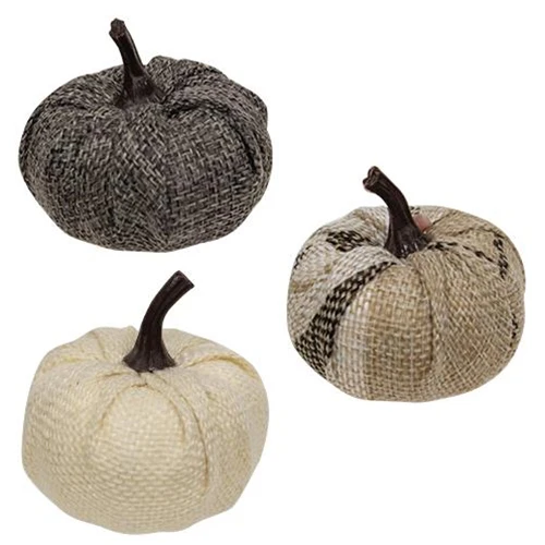 ๐ Set of 4 Cream & Gray Burlap 2.25" Decorative Pumpkins - Image 2