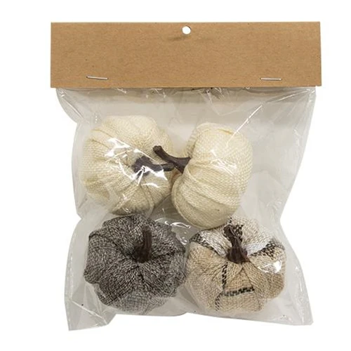 ๐ Set of 4 Cream & Gray Burlap 2.25" Decorative Pumpkins - Image 3