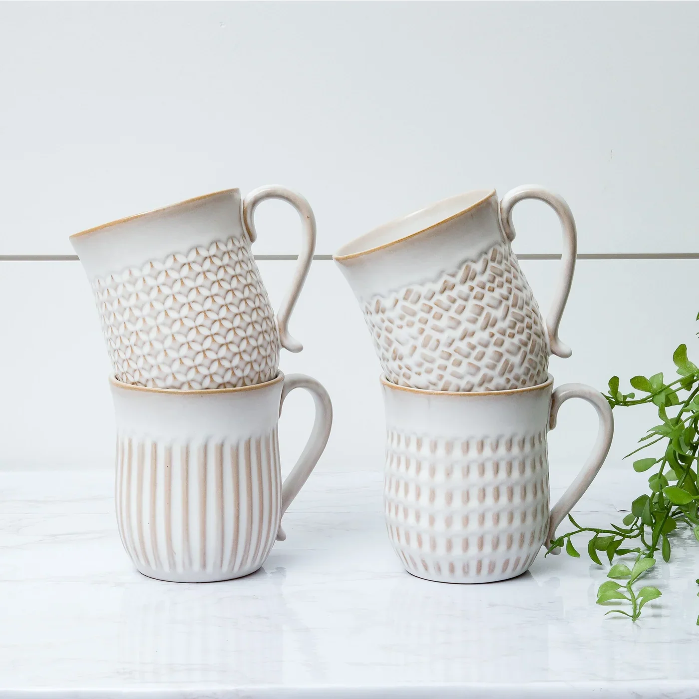 Set of 4 Cream Reactive Glaze Patterned Mugs