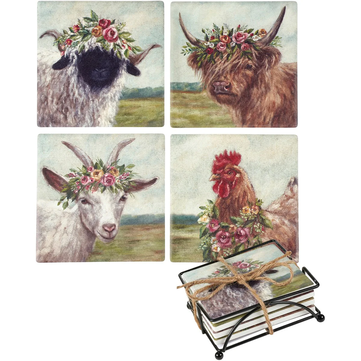 ๐ Set of 4 Floral Crown Farmhouse Animal Coaster Set