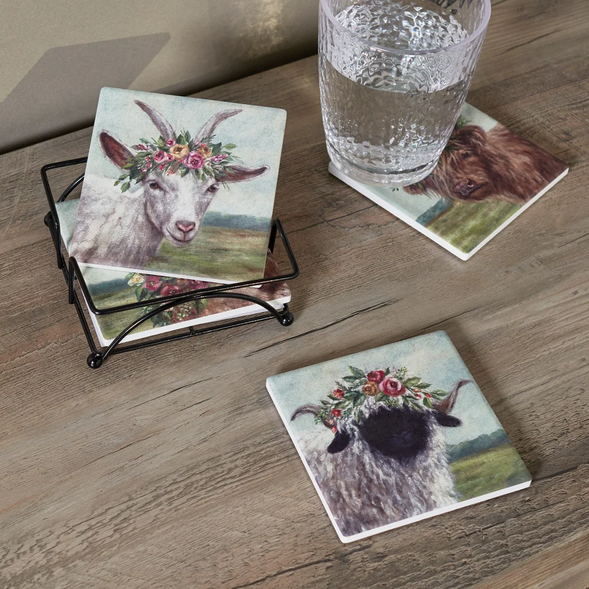 ๐ Set of 4 Floral Crown Farmhouse Animal Coaster Set - Image 2