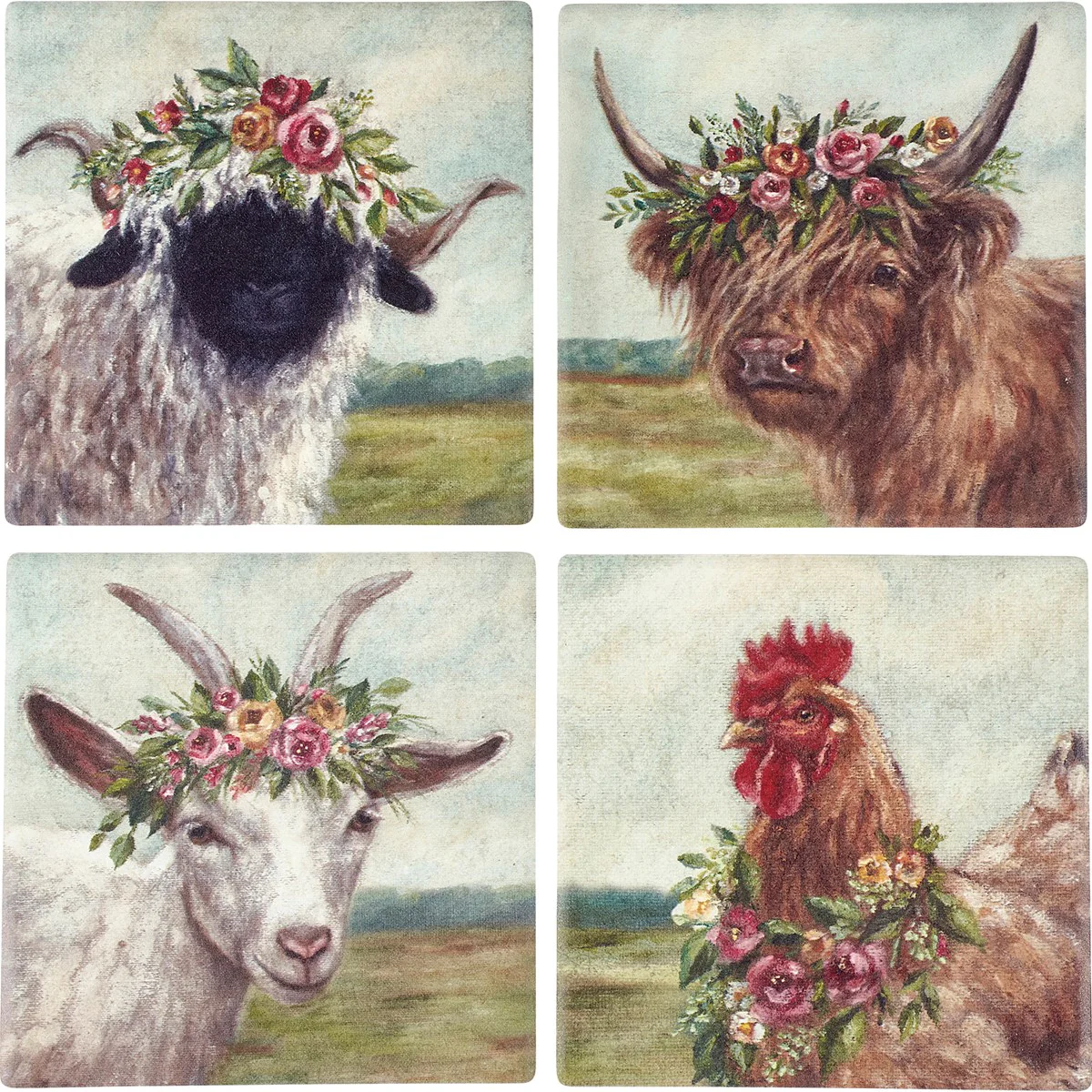 ๐ Set of 4 Floral Crown Farmhouse Animal Coaster Set - Image 4