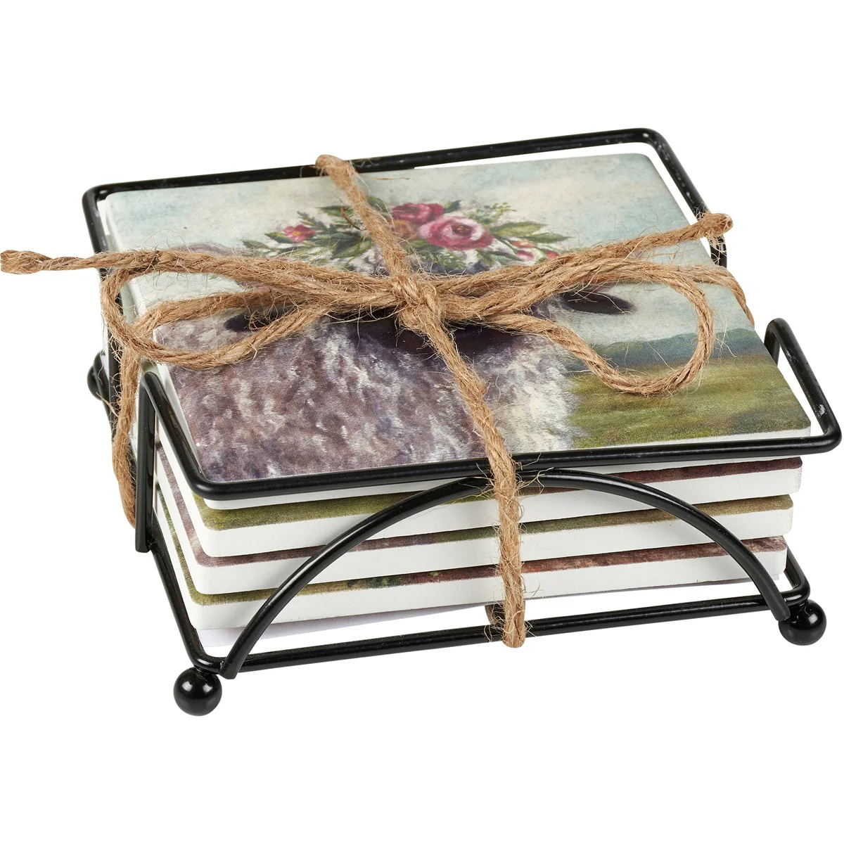 ๐ Set of 4 Floral Crown Farmhouse Animal Coaster Set - Image 5