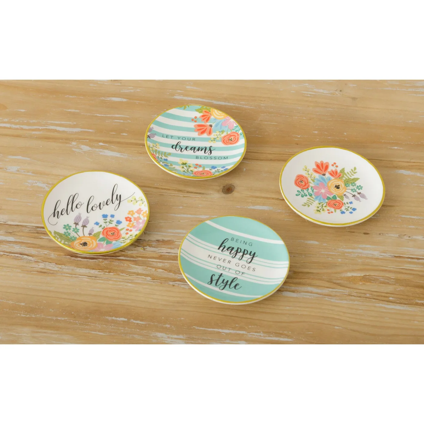 Set of 4 Garden Party Trinket Plates with Gold Rim