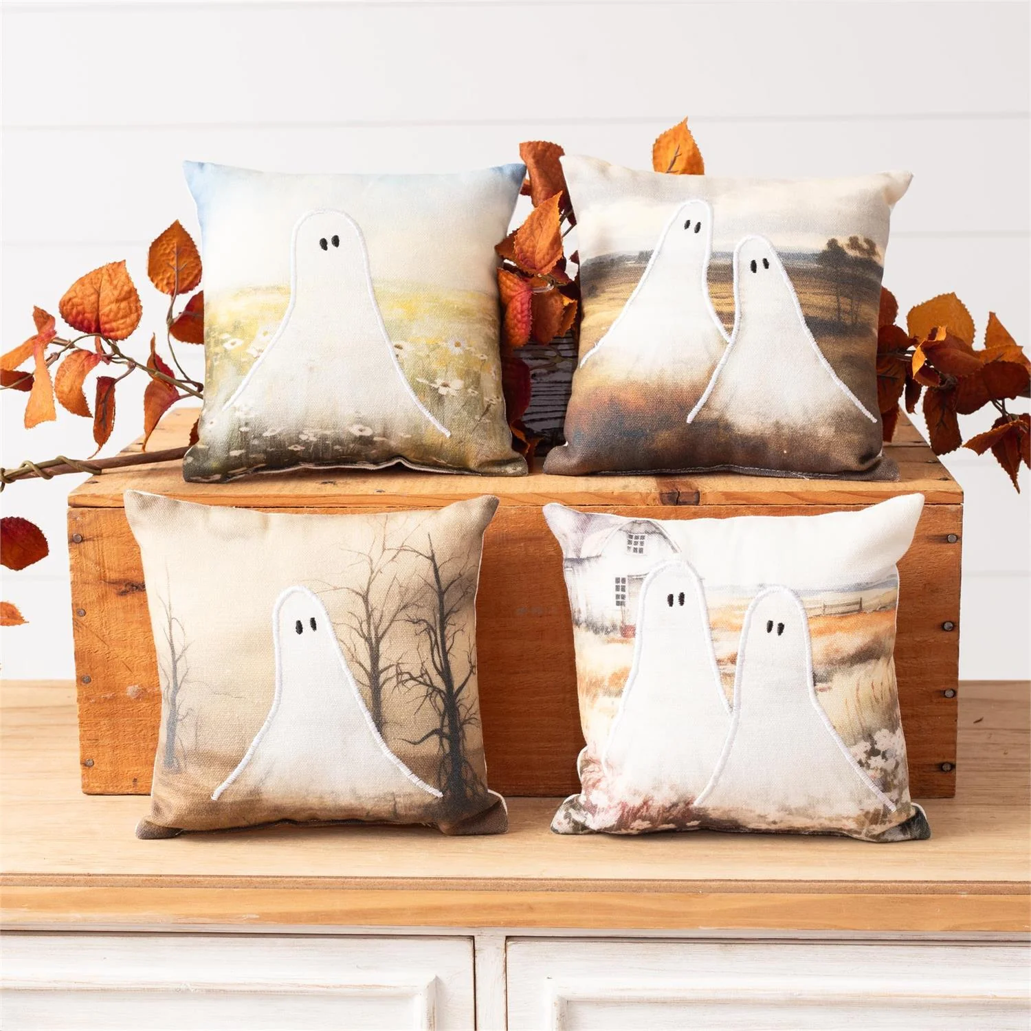 Set of 4 Ghost Scenes 8" Mini Decorative Pillows