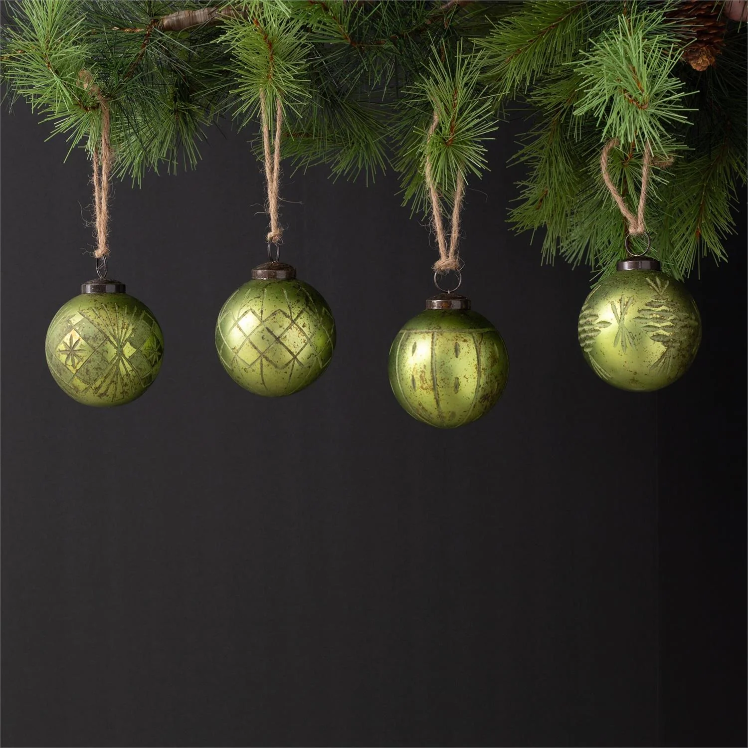 Set of 4 Green Etched Glass Ornaments