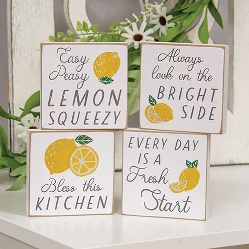 Set of 4 Lemon Themed 4" Wooden Block Signs