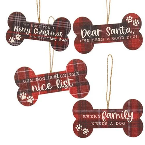 Set of 4 Merry Christmas Plaid Dog Bone Shaped Ornaments