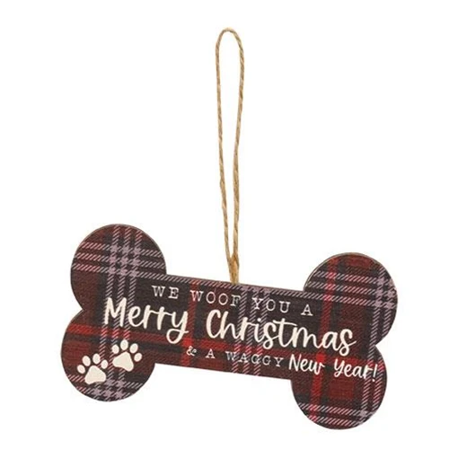 Set of 4 Merry Christmas Plaid Dog Bone Shaped Ornaments - Image 2