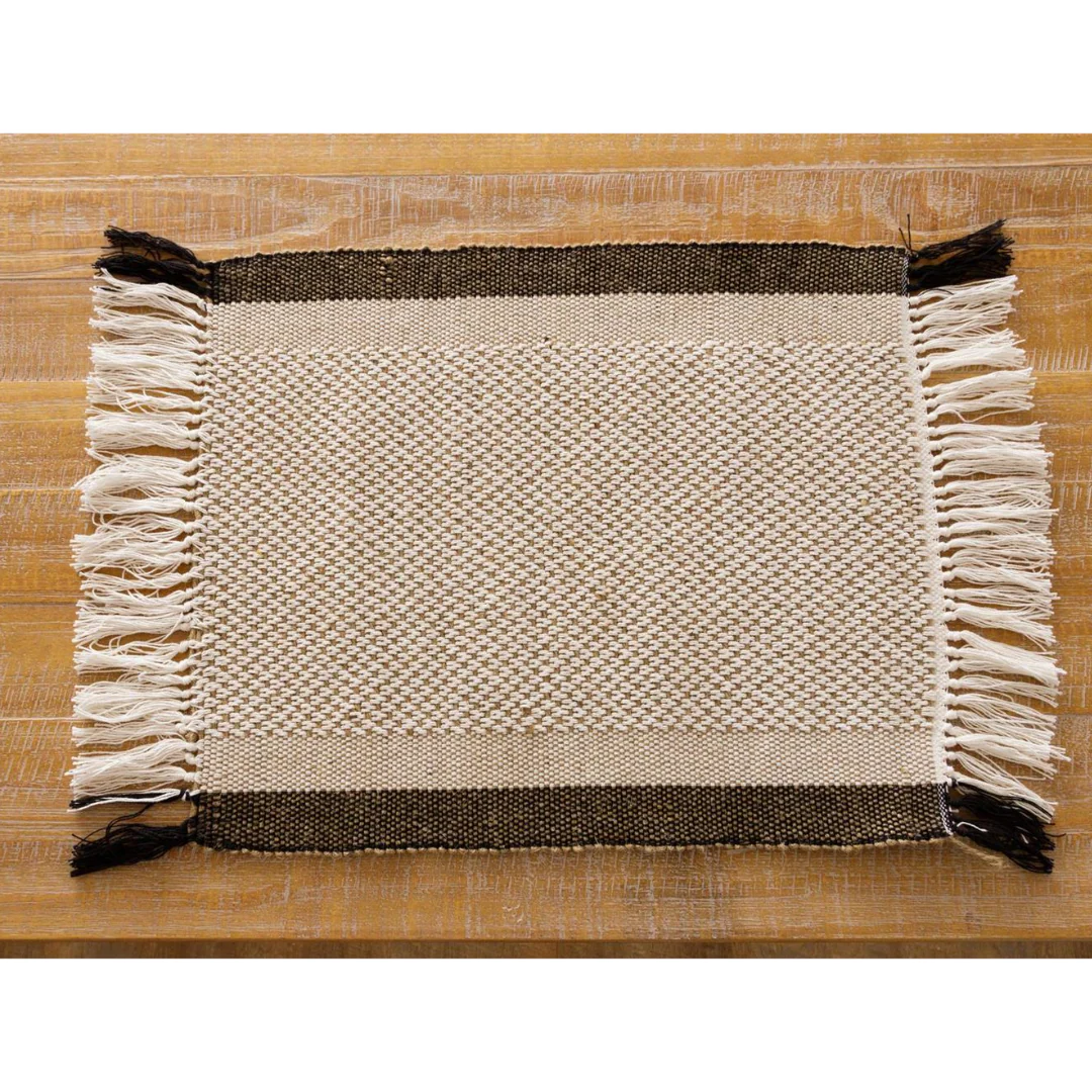 Set of 4 Natural Striped Cotton and Jute Placemat with Fringe