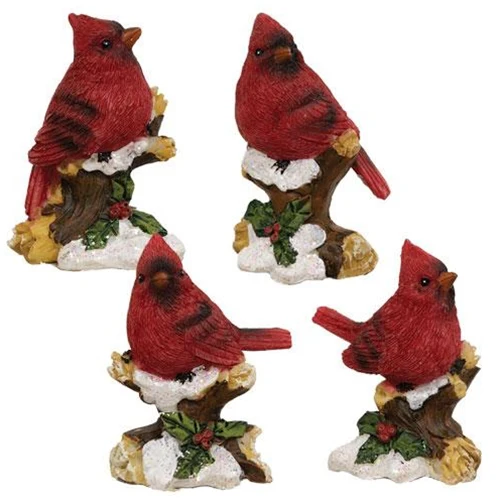 π Set of 4 Snowy Cardinals on Branch Figures