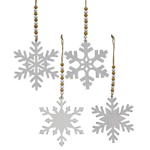 Set of 4 White Snowflake Wood Beaded Ornaments 5.75" - Image 2