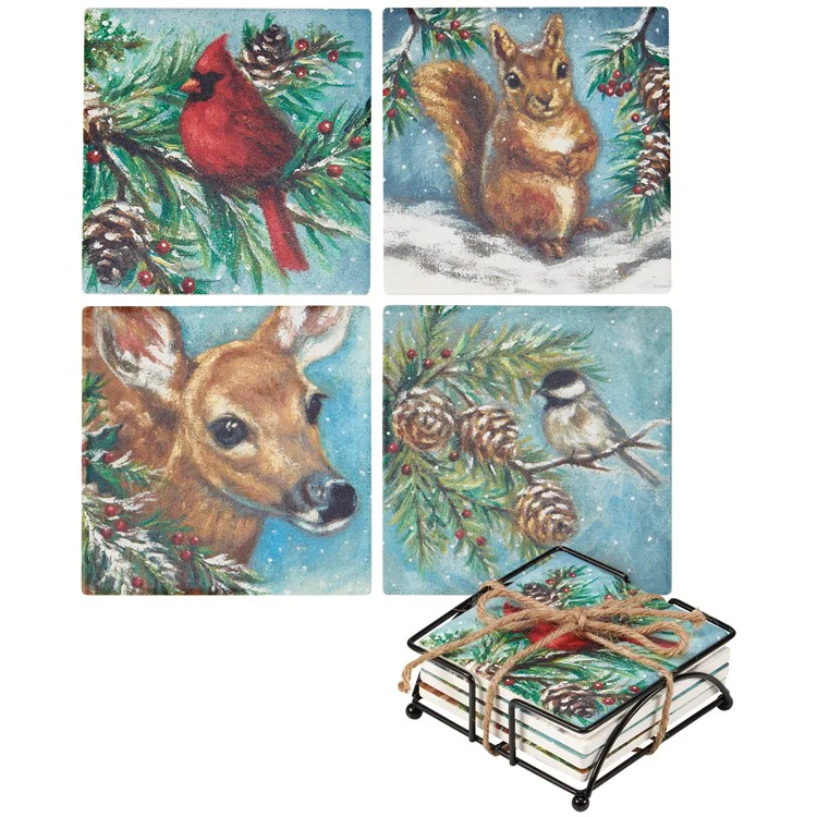 Set of 4 Winter Animal Family Coaster Set