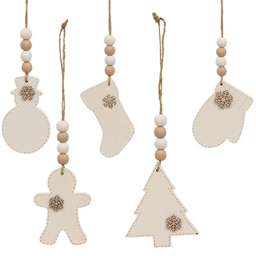 Set of 5 Beaded Wooden Stitched Snowflake Christmas Ornaments