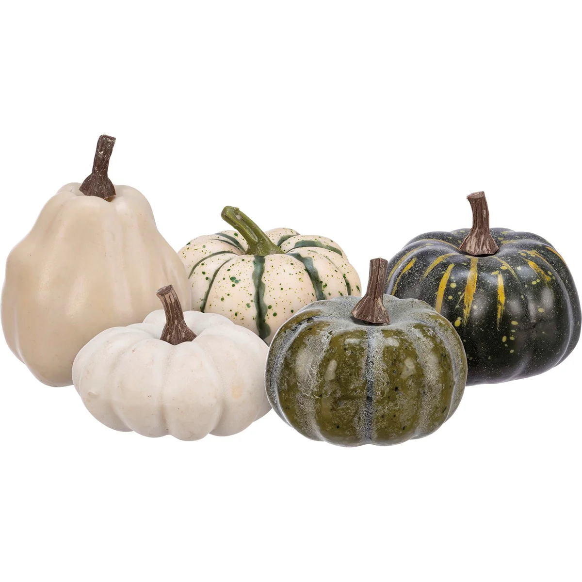 Set of 5 Green and White Mix Faux Pumpkin Set