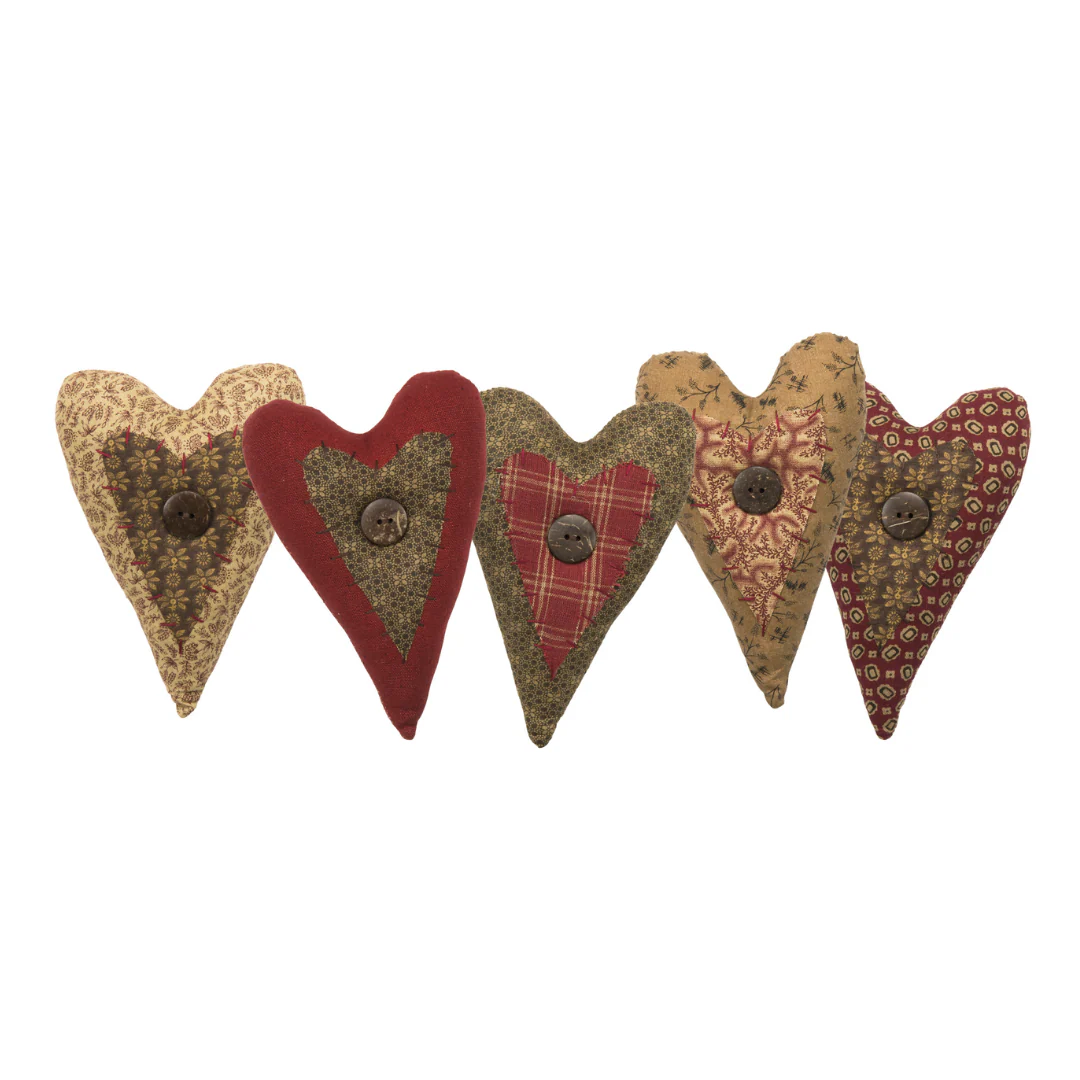 ๐ Set of 5 Romantic Fabric Hearts 6" H