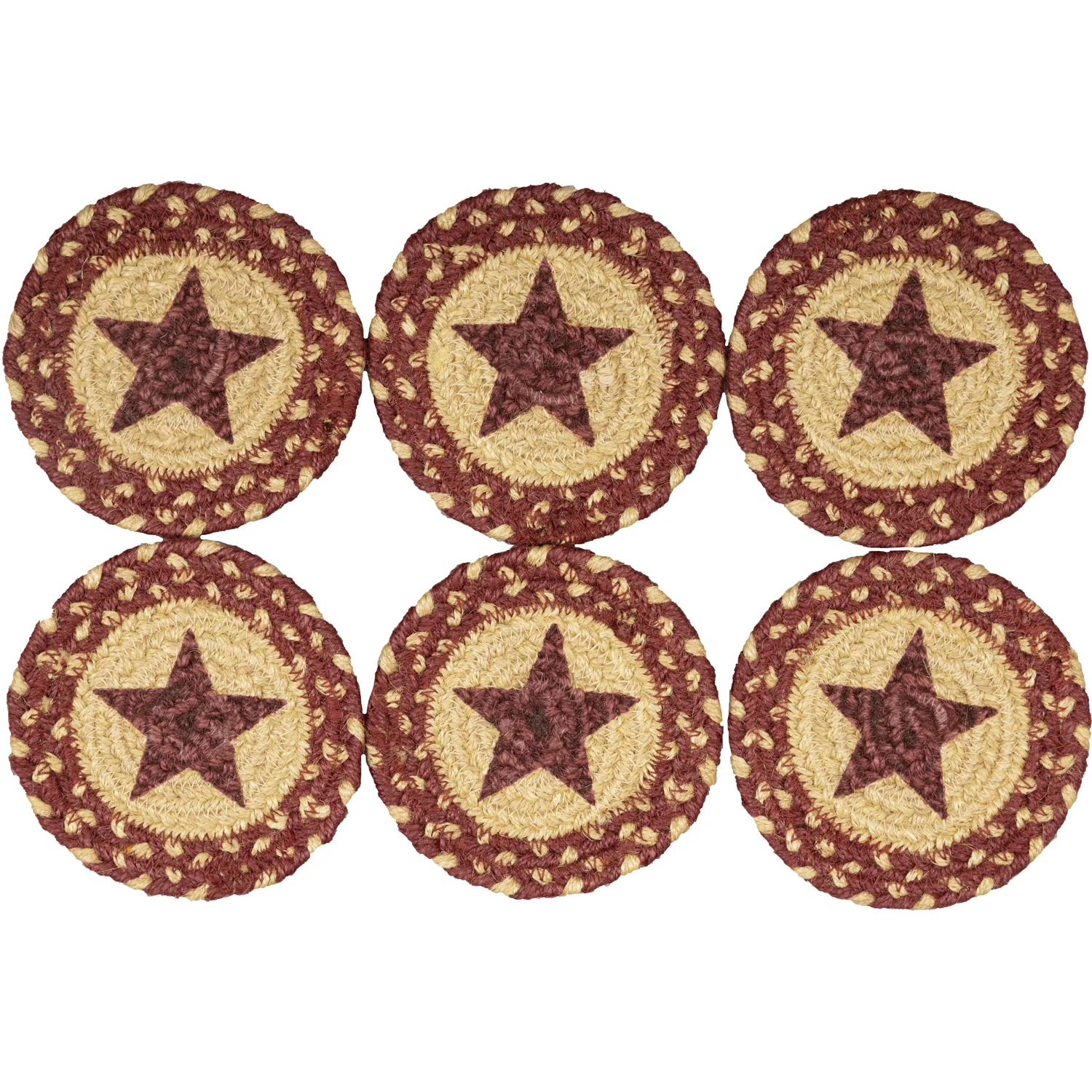 Set of 6 Burgundy Tan Jute Stencil Star Coasters - Image 3