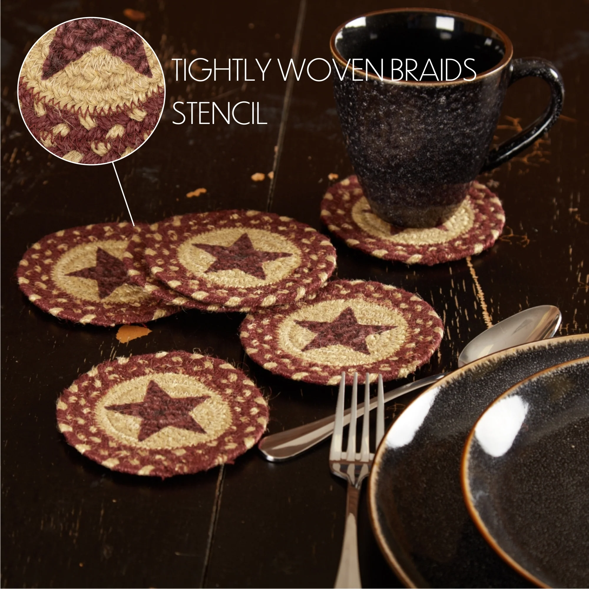 Set of 6 Burgundy Tan Jute Stencil Star Coasters - Image 6