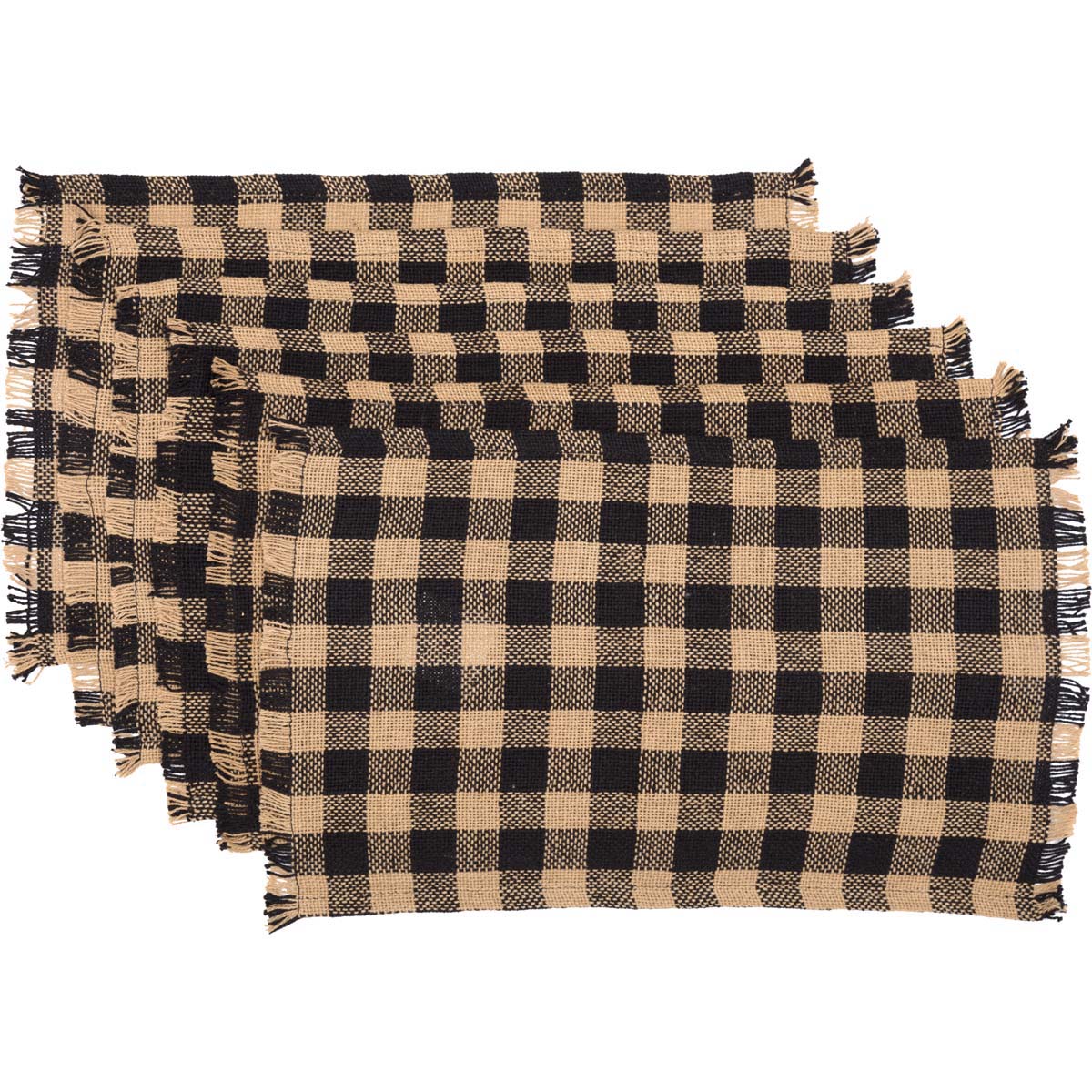 Set of 6 Burlap Black Check Fringed Placemat