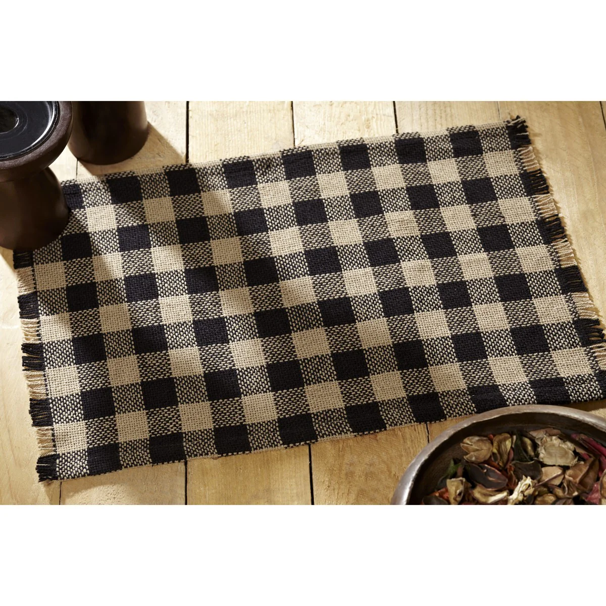 Set of 6 Burlap Black Check Fringed Placemat - Image 2