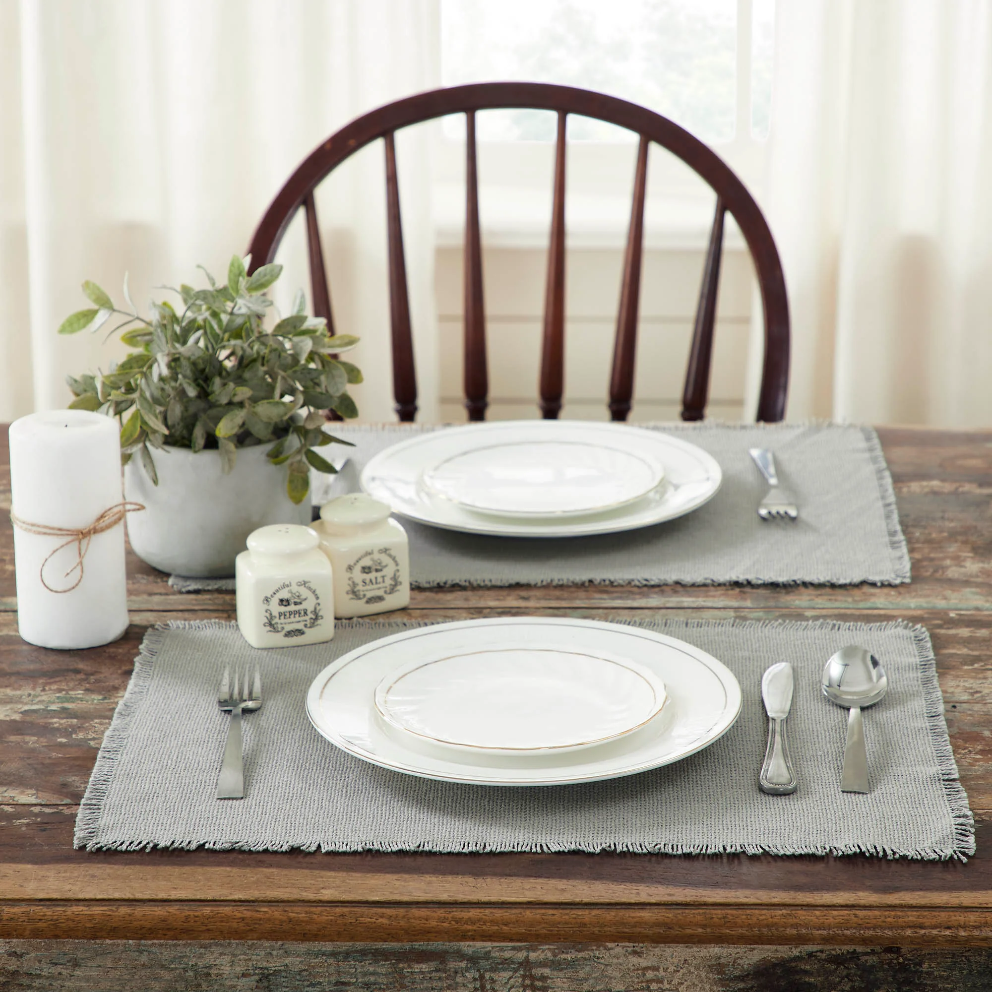 Set of 6 Burlap Dove Grey Fringed Placemats
