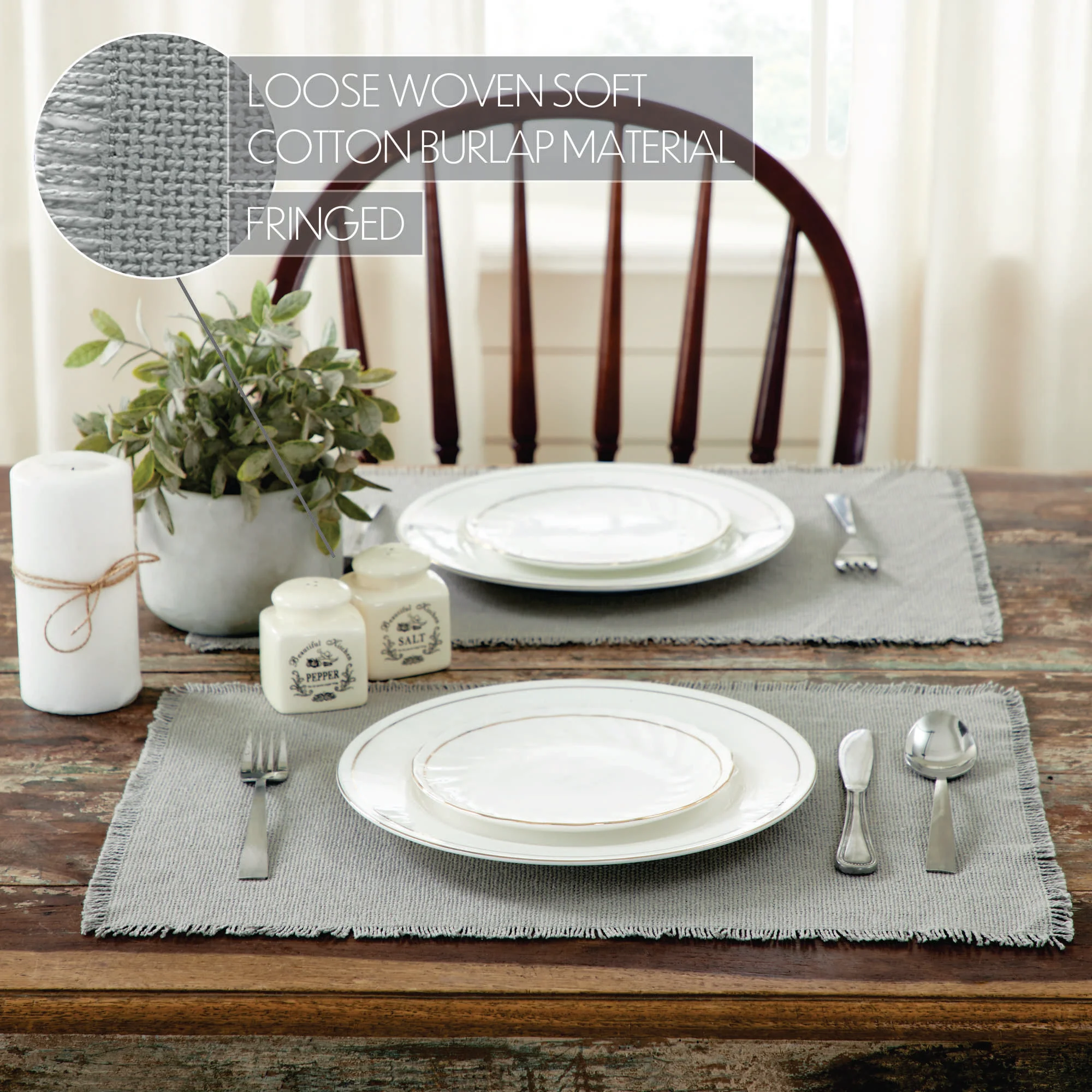 Set of 6 Burlap Dove Grey Fringed Placemats - Image 5