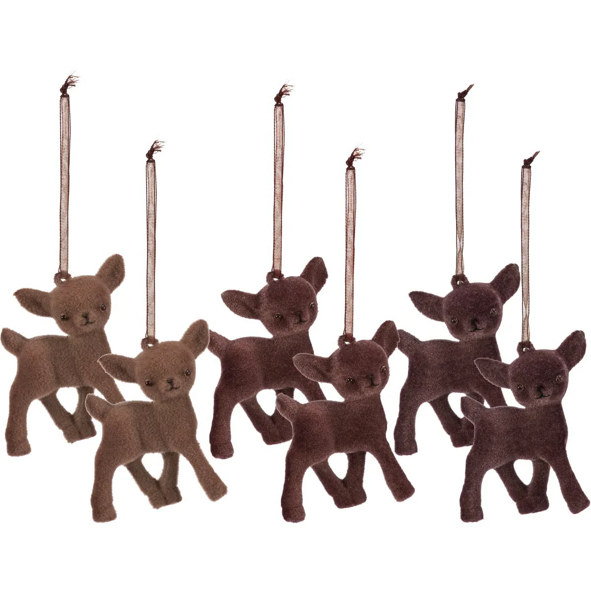 Set of 6 Flocked Deer Ornaments Three Shades