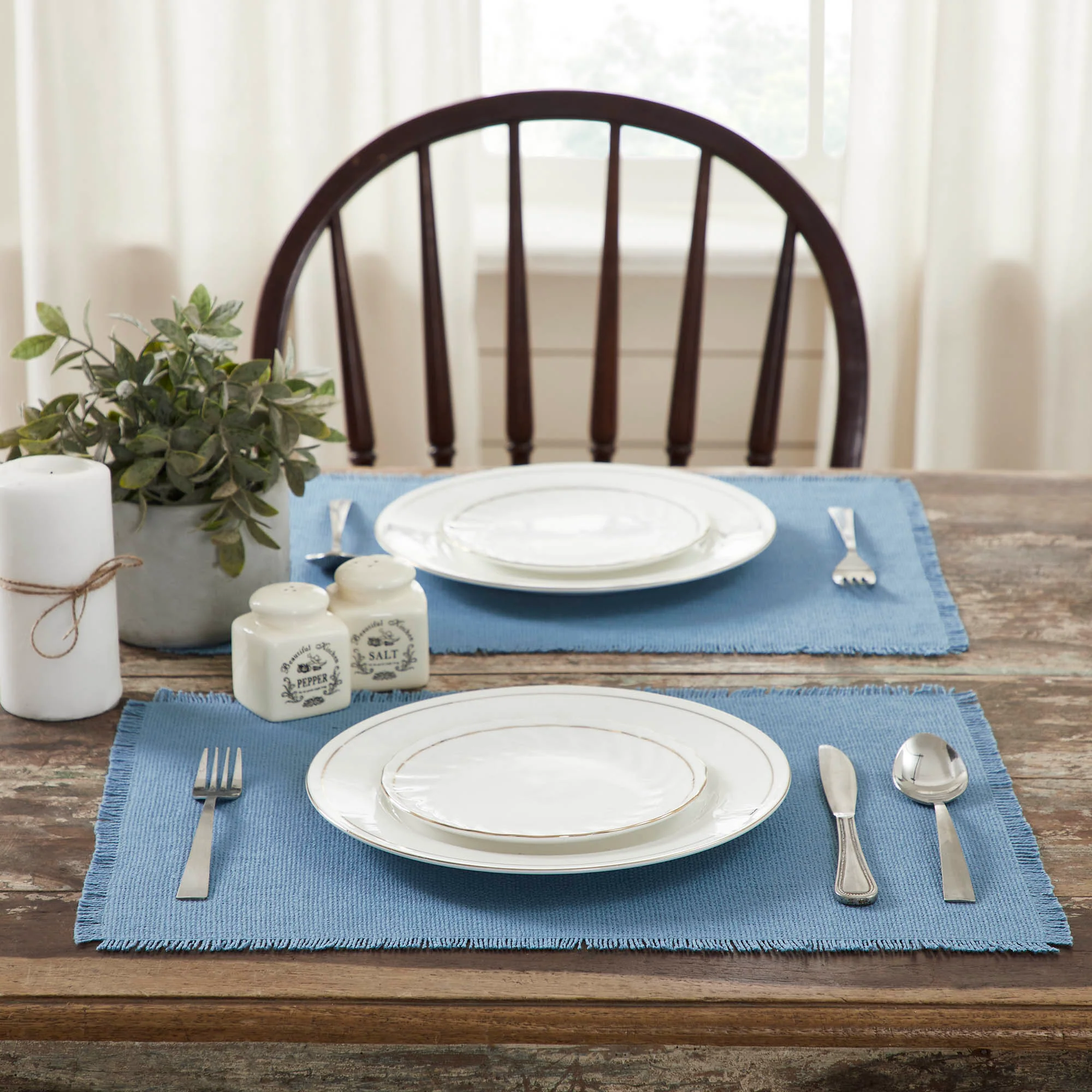 Set of 6 Fringed Placemats Burlap Blue