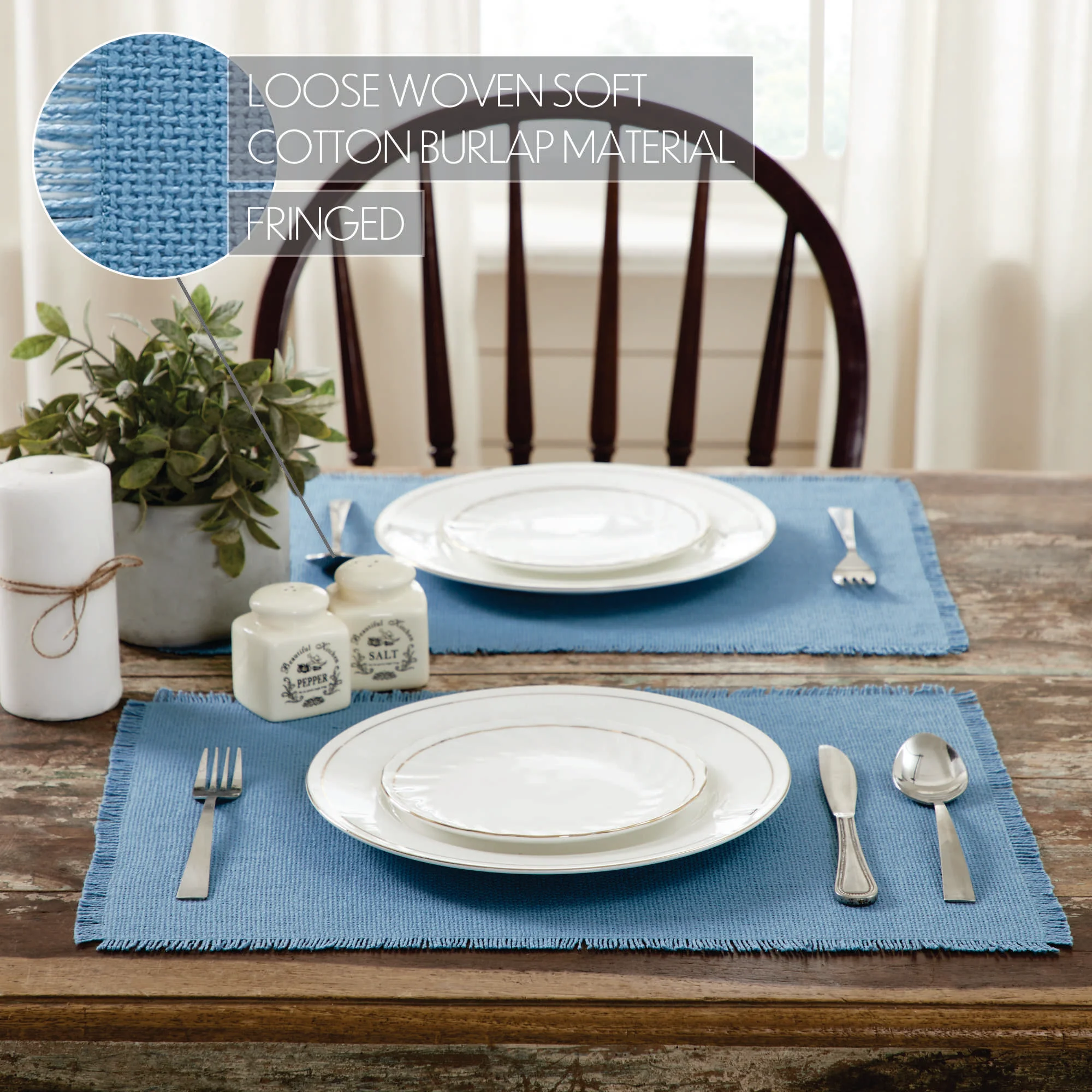 Set of 6 Fringed Placemats Burlap Blue - Image 5