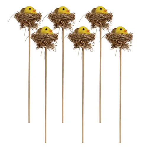 Set of 6 Hatching Chick in Nest Picks 10"H