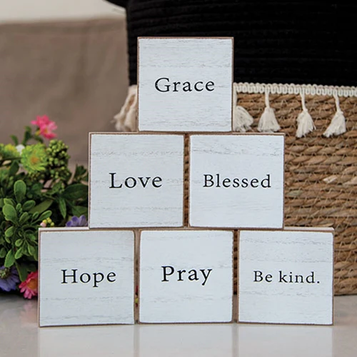 Set of 6 Inspirational Faith Word 3" White Wooden Square Blocks