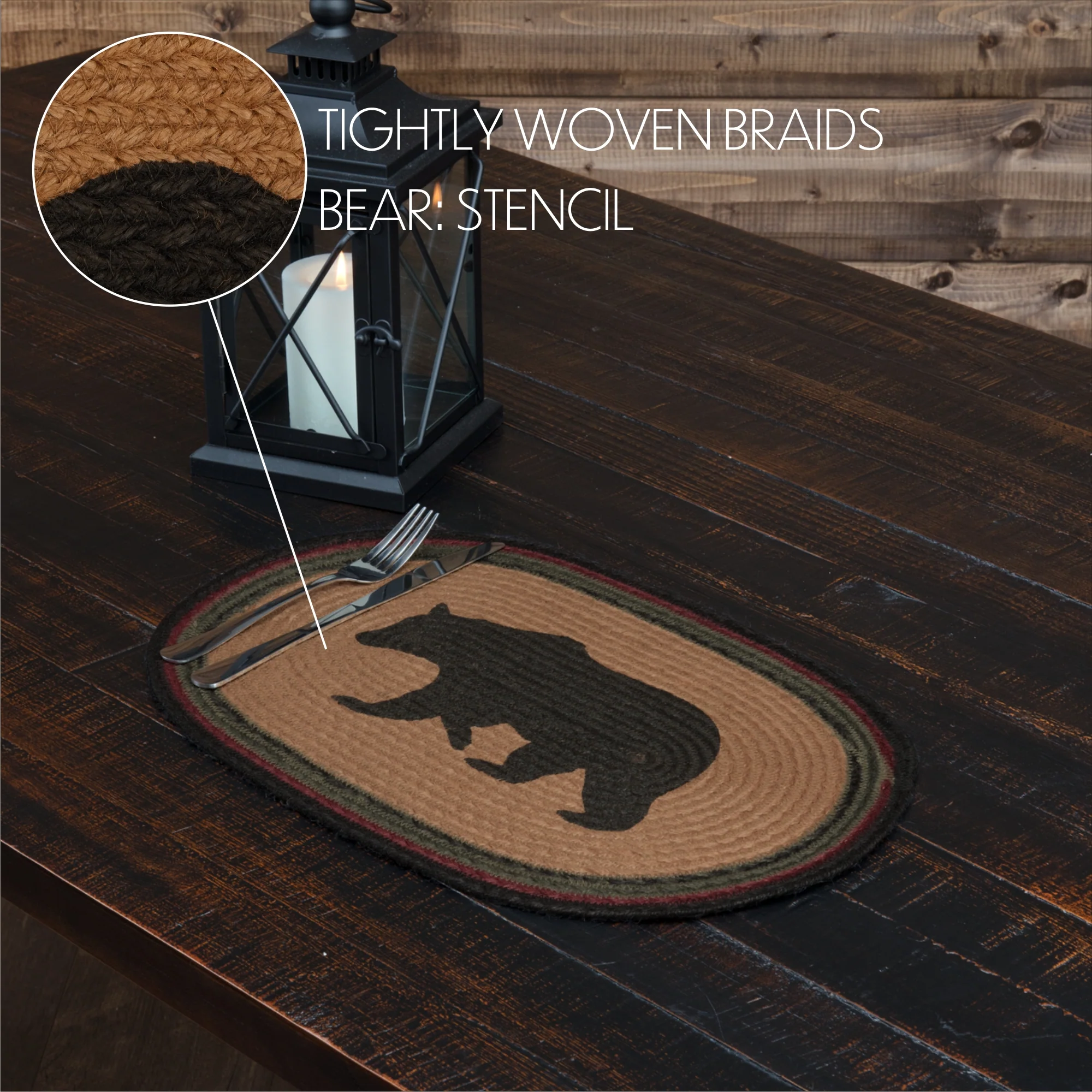 Set of 6 Wyatt Stenciled Bear Jute Oval Placemats - Image 7