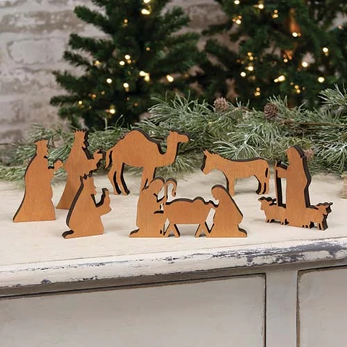 Set of 7 Natural Wood Silhouette Nativity Figures