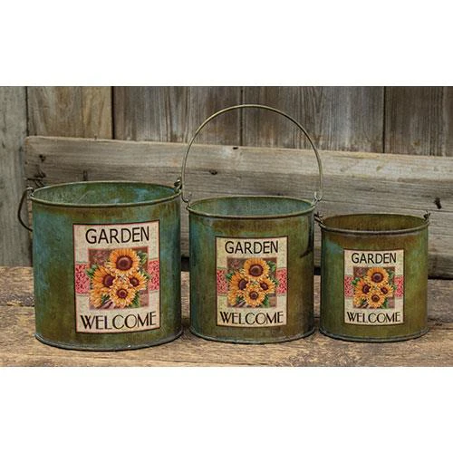 💙 Set of Three Sunflower Welcome Metal Buckets