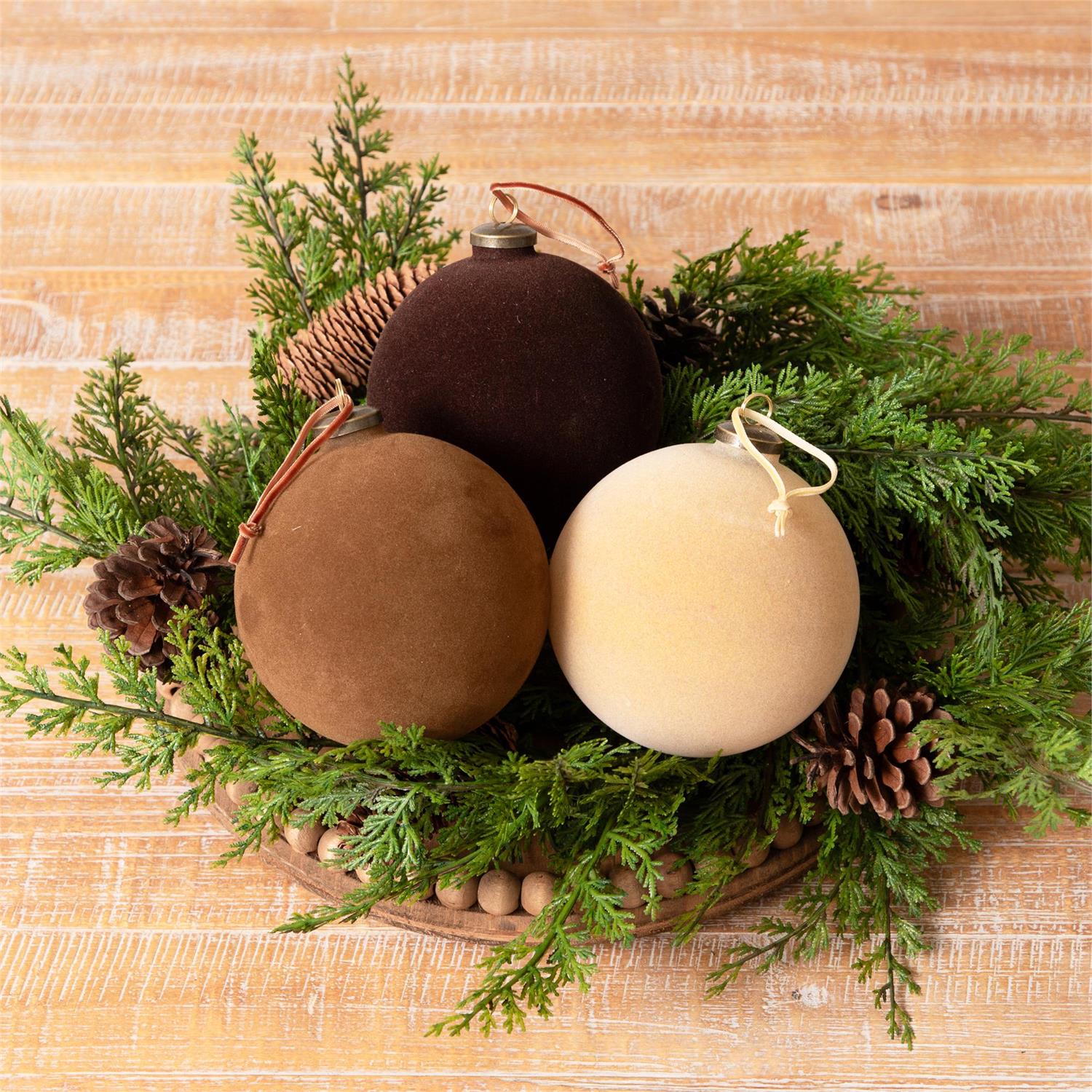 Shades of Brown Flocked Ornament Balls 5.5"